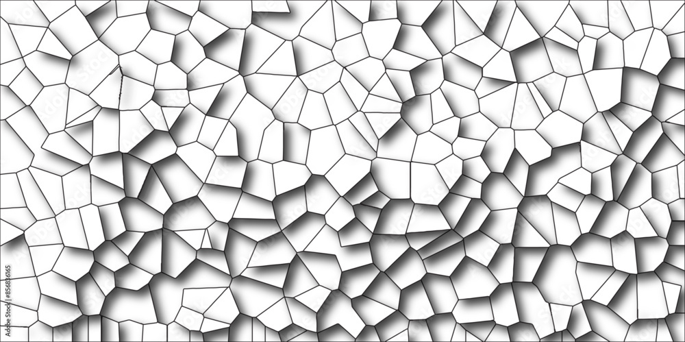 Poster white broken stained glass background with black lines. 3d shapes geometric retro tiles pattern. qua