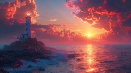 Fototapeta premium Lighthouse on rocky coast at sunset with dramatic clouds, serene and tranquil seascape concept