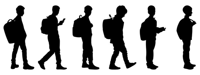 Silhouettes of schoolchildren. Set of silhouettes of boys with school bags. Vector illustration.