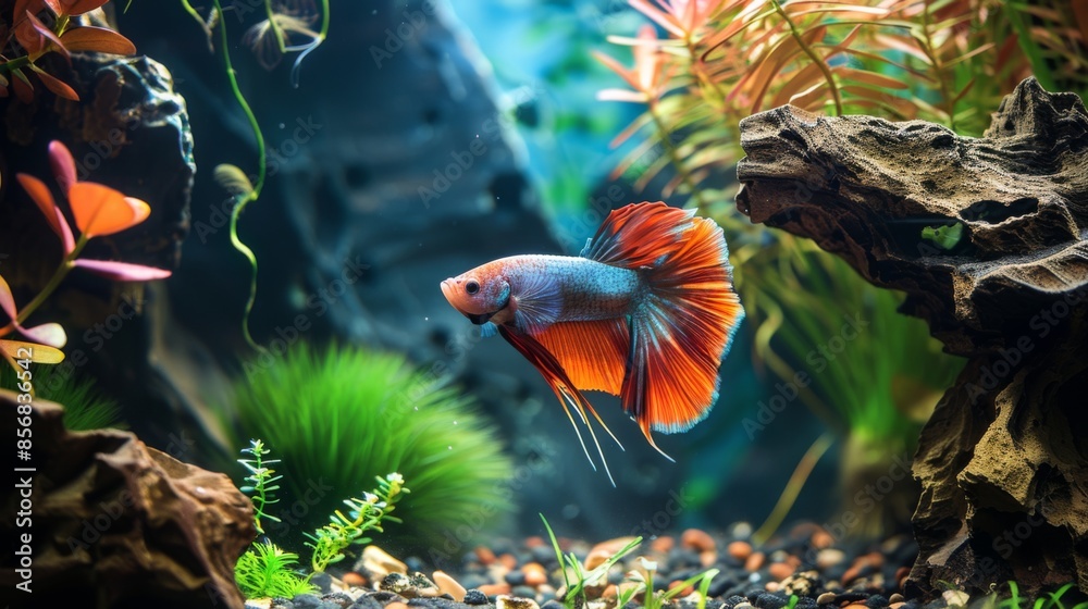 Poster A Betta fish exploring a cave structure in an aquarium, adding depth and interest to the aquatic environment.