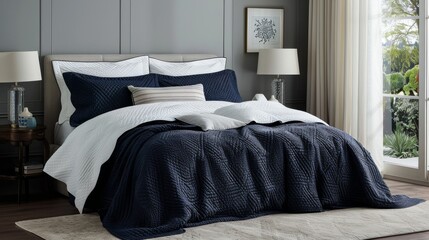 A warm and inviting bedroom with a textured blanket, soft pillows, and candlelight creating a serene and relaxing atmosphere
