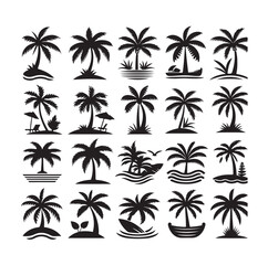 Black palm trees set isolated on white background. Palm silhouettes. Design of palm trees for posters, banners and promotional items. Vector illustration