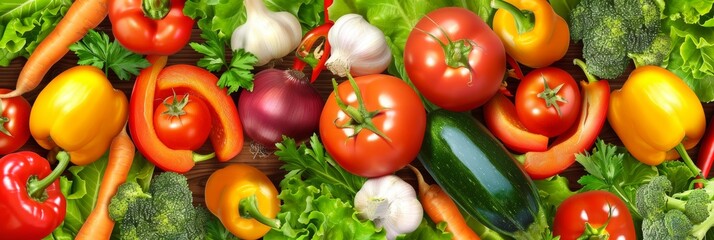 Assorted fresh vegetables background for food advertising, top view ideal for culinary promotions