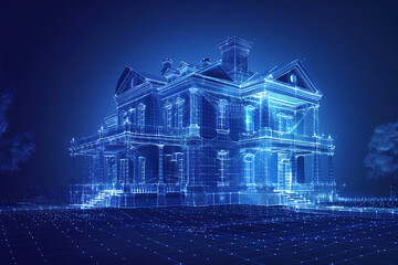Silhouette of a country house in wireframe style against a dark blue background, emphasizing architectural elegance and simplicity