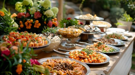 Scenic outdoor buffet, showcasing catering services with a variety of beautifully presented foods, raw style, detailed and appetizing