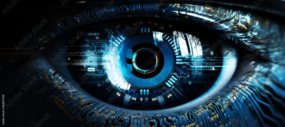 Poster cybernetic vision hacker or ai robot eye in dark technological environment on digital background