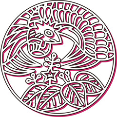 カラーシャドウの円形シンプル花札　師走　桐　鳳凰　12月　桐に鳳凰