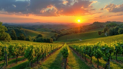 Fototapeta premium Golden sunrise illuminates the sprawling vineyards in the rolling hills of Tuscany during harvest time