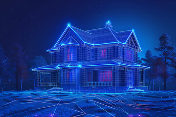 Silhouette of a country house in wireframe style against a dark blue background, emphasizing architectural elegance and simplicity