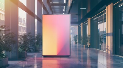 A modern shopping mall featuring a large, vibrant digital advertisement screen with blurred silhouettes of people walking by