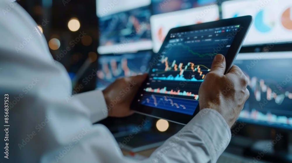 Poster a businessman analyzing stock market data on a digital tablet in a modern office setting.