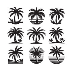 Obraz premium Black palm trees set isolated on white background. Palm silhouettes. Design of palm trees for posters, banners and promotional items. Vector illustration