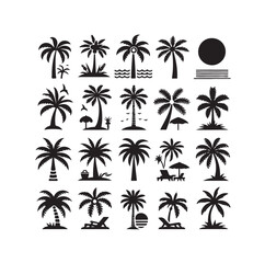 Fototapeta premium Black palm trees set isolated on white background. Palm silhouettes. Design of palm trees for posters, banners and promotional items. Vector illustration