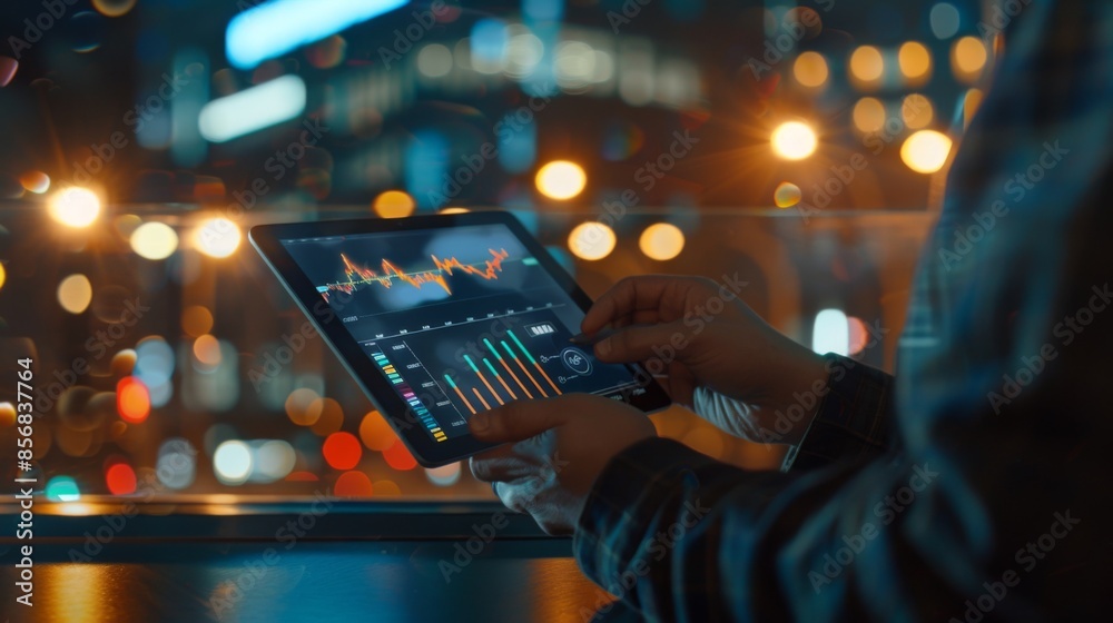 Poster a businessman analyzing stock market data on a digital tablet in a modern office setting.