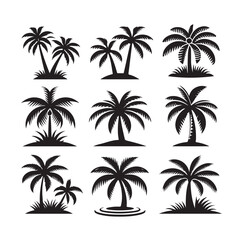 Fototapeta premium Black palm trees set isolated on white background. Palm silhouettes. Design of palm trees for posters, banners and promotional items. Vector illustration