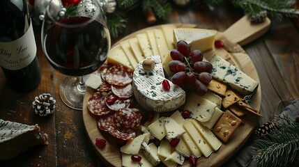 Top-down shot of a winter wine and cheese platter, ready for a restaurant setting, featuring gourmet cheeses and fine wine, raw and inviting presentation