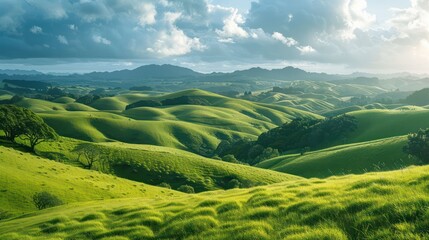 A large, lush green field with a few trees scattered throughout