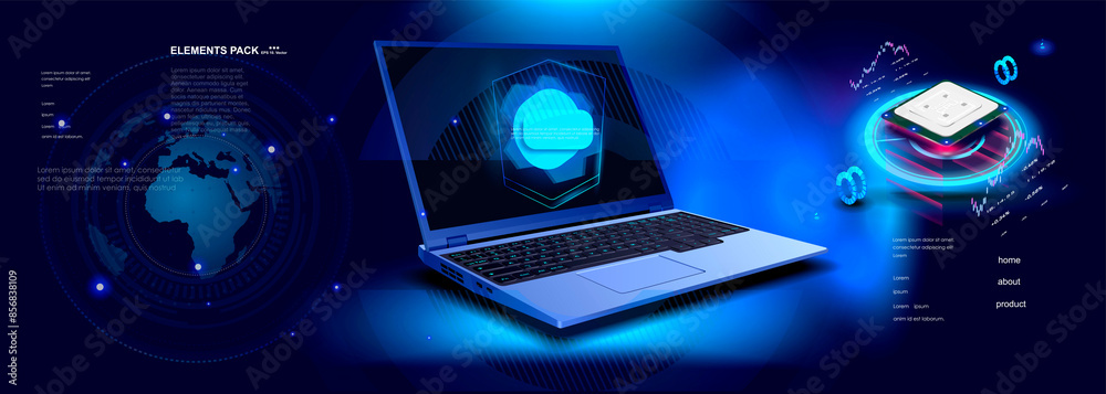 Poster futuristic cyber banner with open laptop and computer processor. presentation latest laptop model. c
