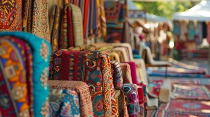 Fototapeta premium A vibrant display of colorful handwoven rugs stacked and hanging in an outdoor market setting