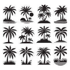 Black palm trees set isolated on white background. Palm silhouettes. Design of palm trees for posters, banners and promotional items. Vector illustration