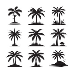 Black palm trees set isolated on white background. Palm silhouettes. Design of palm trees for posters, banners and promotional items. Vector illustration