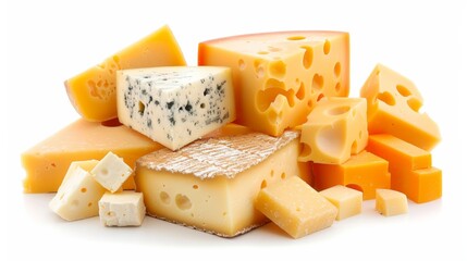 Various types of cheeses stacked together on white background in isolated setting