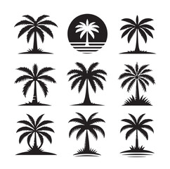 Black palm trees set isolated on white background. Palm silhouettes. Design of palm trees for posters, banners and promotional items. Vector illustration