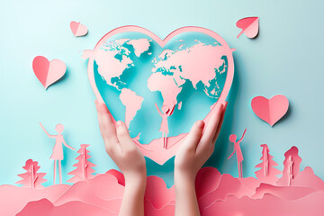 Hands holding a paper heart with world map in papercut style on pastel background