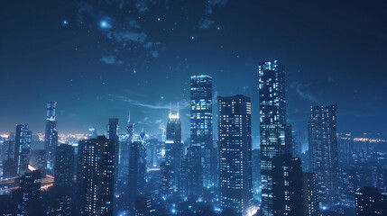 Naklejka premium Modern skyscrapers illuminated at night