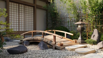 Japanese style garden_design with bridge lantern and 