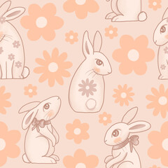 cute rabbit and flowers seamless pattern - beige background 