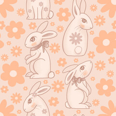 seamless pattern with rabbit and flower - beige background