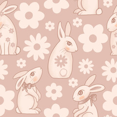cute rabbit and flowers seamless pattern - coffee background 