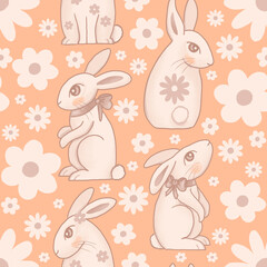 seamless pattern with rabbit and flower - peach background