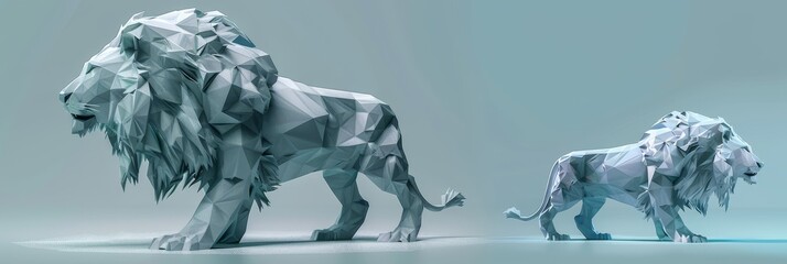 Low Poly Lion Duo - Geometric Animal Render - Two lions rendered in a low poly style, one larger than the other, stand facing different directions on a teal background.