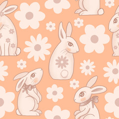 cute rabbit and flowers seamless pattern - peach background 