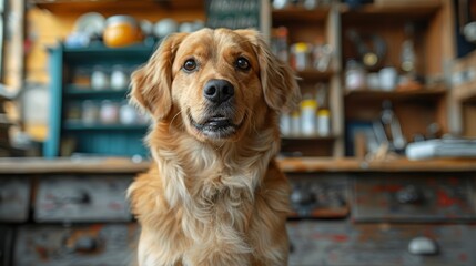 A golden retriever's portrait with a cluttered kitchen background providing a homely atmosphere