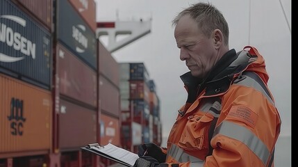 Fototapeta premium Dock Supervisor Inspecting Cargo Containers