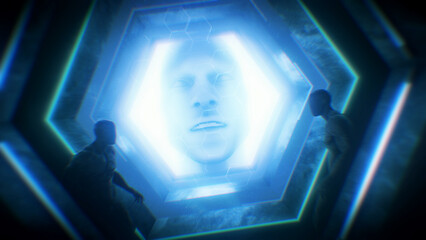 A dark Sci-Fi style hexagonal chamber of stone extrusions lit and edged with neon strip lights....