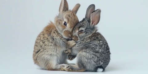 Obraz premium A pair of rabbits sit side by side, possibly mates or friends