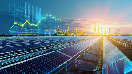 The digital computer display showed a grid of blue digital lines and green icons on it. In the background was an electric power station surrounded by solar panels