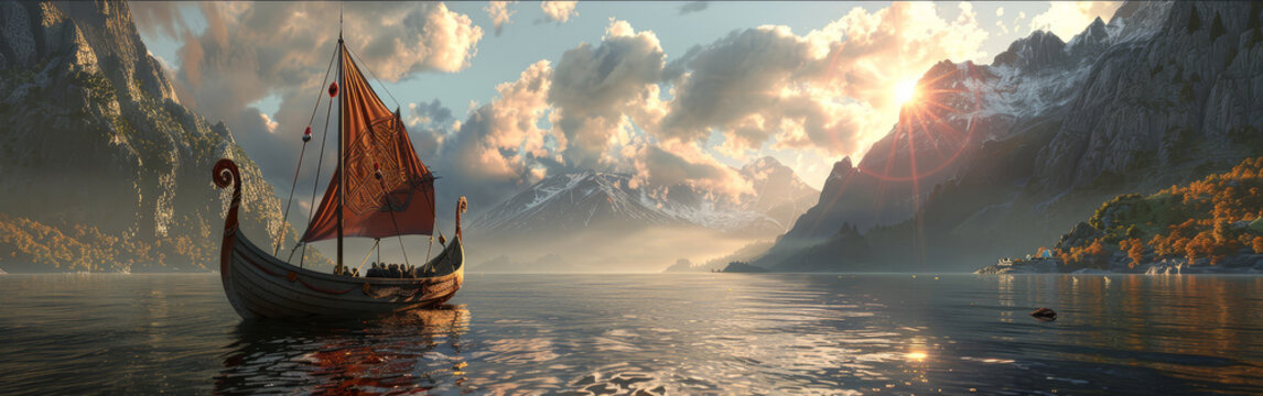 Viking Longboat Sailing at Sunset - A Viking longboat sails across a calm lake at sunset, with a majestic mountain range in the background.