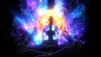 A silhouetted figure sat in a mediation lotus pose, surrounded with pulsating flowing light energy.
