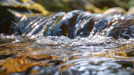 The water is flowing and has a lot of light reflecting off of it