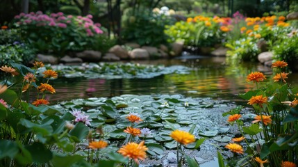 A garden with a pond full of lilies and flowers
