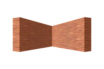 Corner of brick wall in the perspective. Brick wall 3D image isolated on white background. Vector  illustration 