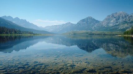 Naklejka premium A beautiful lake with mountains in the background