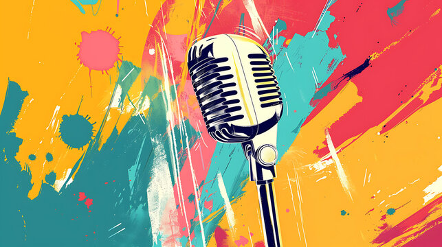 A isolated microphone on colorfull background with copy space . Open mic poster disco party. 