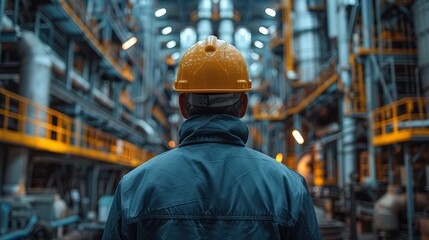 A male worker in a hard hat gazes across the complex machinery of an industrial facility
