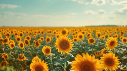 Fototapeta premium A field of sunflowers with a clear blue sky in the background